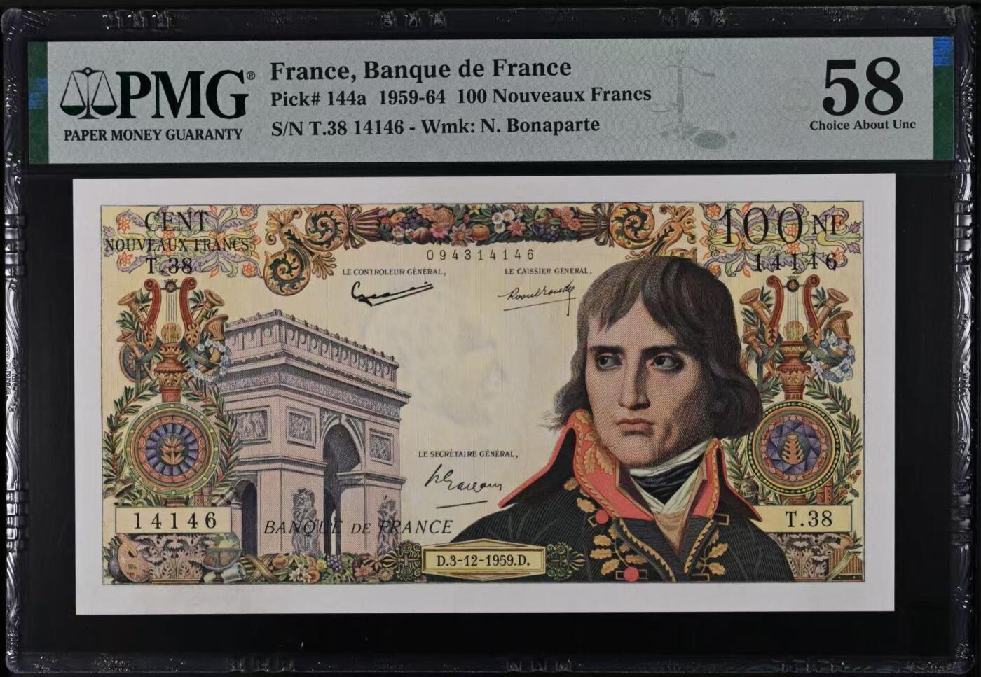 【Blue Auction】世界纸币精拍第750期——18级TOP拍卖/信誉/品质/专业/高效💫 法国 1959年100新法郎 拿破仑 PMG58 状态佳