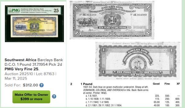 【Blue Auction】世界纸币精拍第750期——18级TOP拍卖/信誉/品质/专业/高效💫 【无47 p-2d】西南非洲1951年1镑 经济支柱产业绵羊 W＆S早期精品 TQG53 评级无全新记录