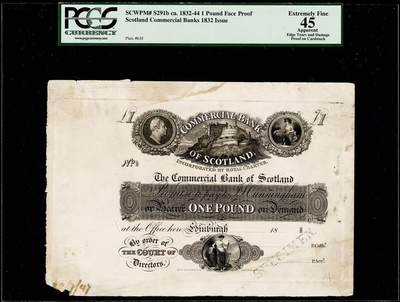 【Blue Auction】世界纸币精拍第750期——18级TOP拍卖/信誉/品质/专业/高效💫 - 【近两百年老钞 钢板雕刻鼻祖、世界首枚邮票“黑便士”印制公司——Perkins Bacon印样】苏格兰商业银行1832-44年1镑 爱丁堡城堡 喀里多尼亚女神坐像 左侧为大不列颠及爱尔兰联合王国和德意志汉诺威国王、参与过北美独立战争的海军少将——威廉四世头像 其继任者为维多利亚女王 本版极其罕见 各大拍卖难见一迹 PCGS45绿标 