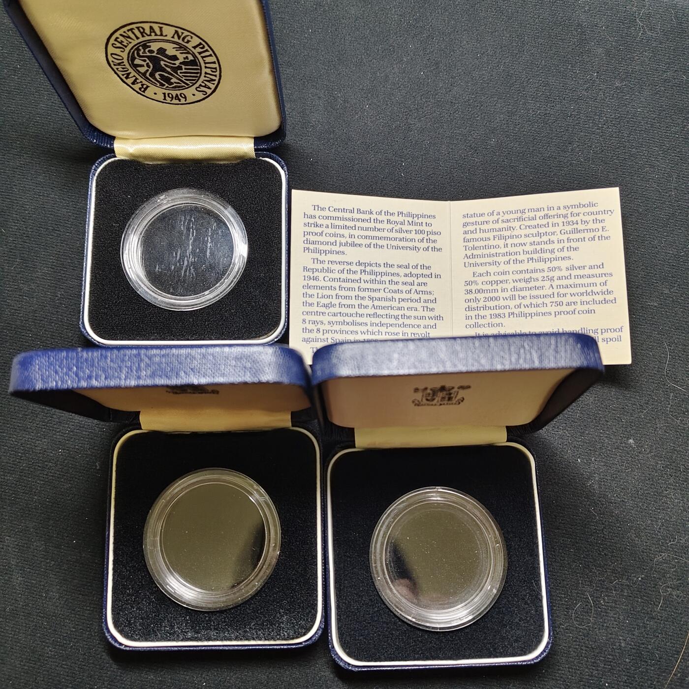 【全场包邮】纯粹捡漏拍477场（免费代拍第14场）调整中 【收藏工具】空盒3个一组-含1983年100比索菲律宾大学成立75周年空盒带证书+英系克朗银币空盒2个