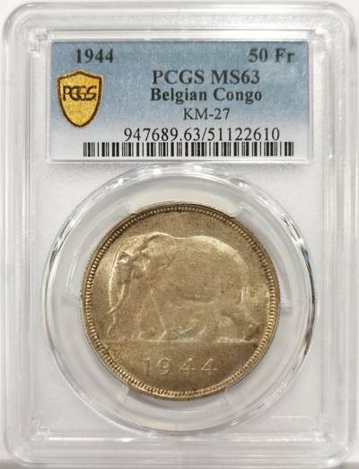博洋堂世界钱币拍卖第146期（全场包邮） - PCGS MS63 比属刚果1944年大象50法郎银币 非洲名誉品 原味自然老包浆 光泽优美舒服 状态顶流 威武雄壮的非洲象 仅八枚更高64分 可谓性价比之选