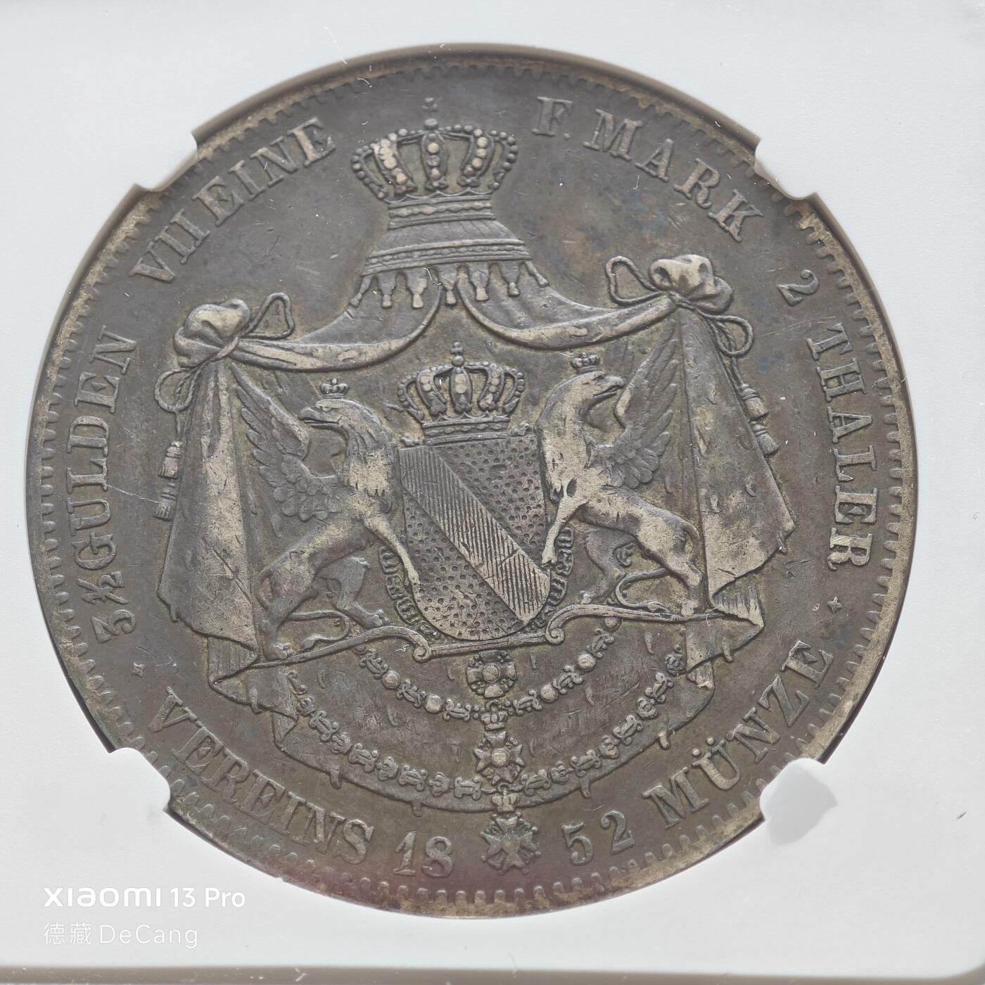 【德藏】世界币章拍卖第153期（拍品征集中~欢迎藏友联系） 1852年 德国巴登利奥波德2泰勒大银币 NGC XF40 原味历史厚重老包浆 状态极佳