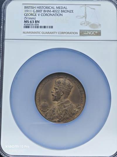 【德藏】世界币章拍卖第153期（拍品征集中~欢迎藏友联系） - 1911年 英国乔治五世加冕51mm纪念大铜章 NGC MS63BN 正面是乔治五世国王的左侧面肖像，背面是玛丽王后的左侧面肖像 大盒封装