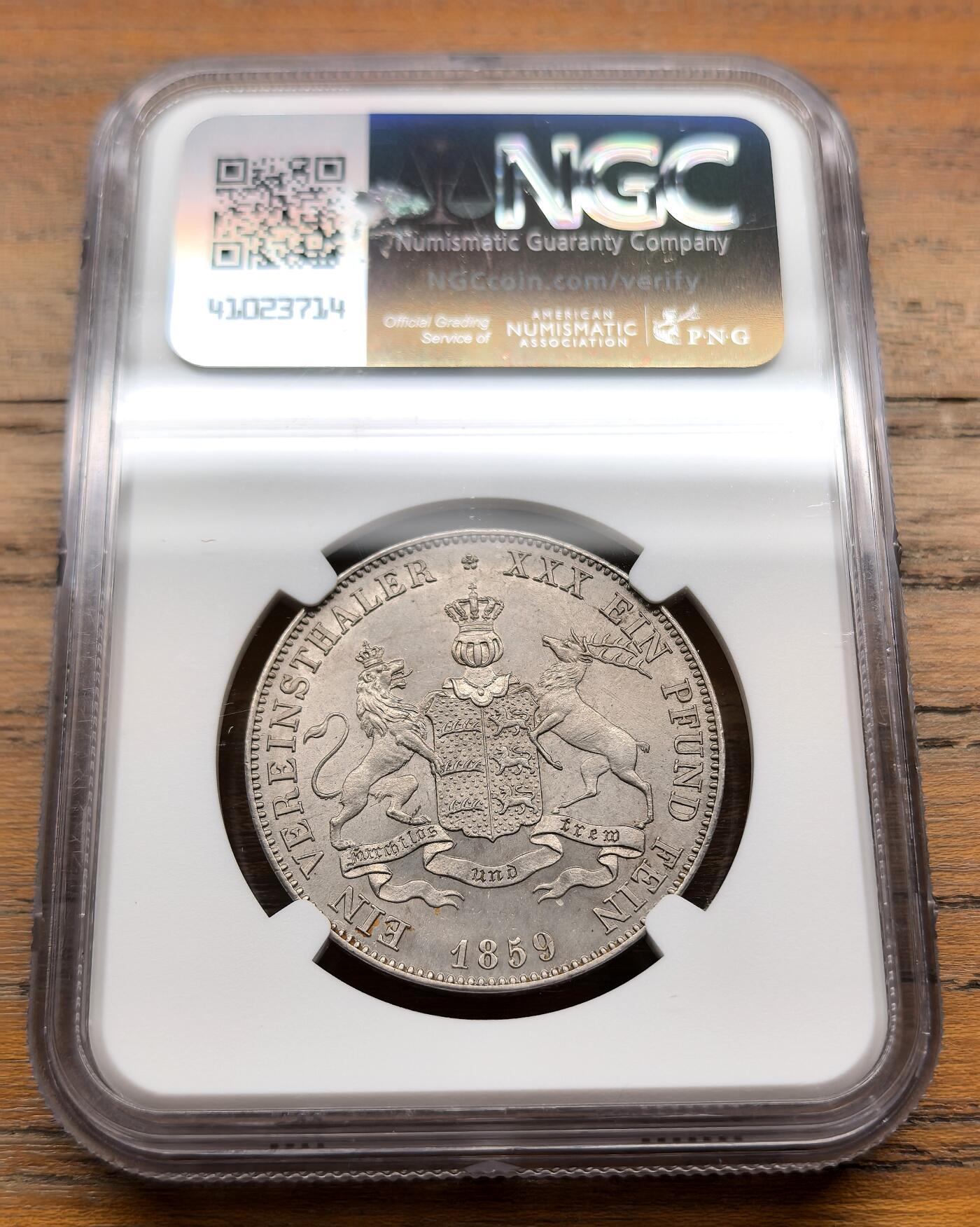 泉海漫舟·凡希社世界钱币微拍第三百十四期 1859德国符腾堡流通版狮鹿泰勒NGC-MS61