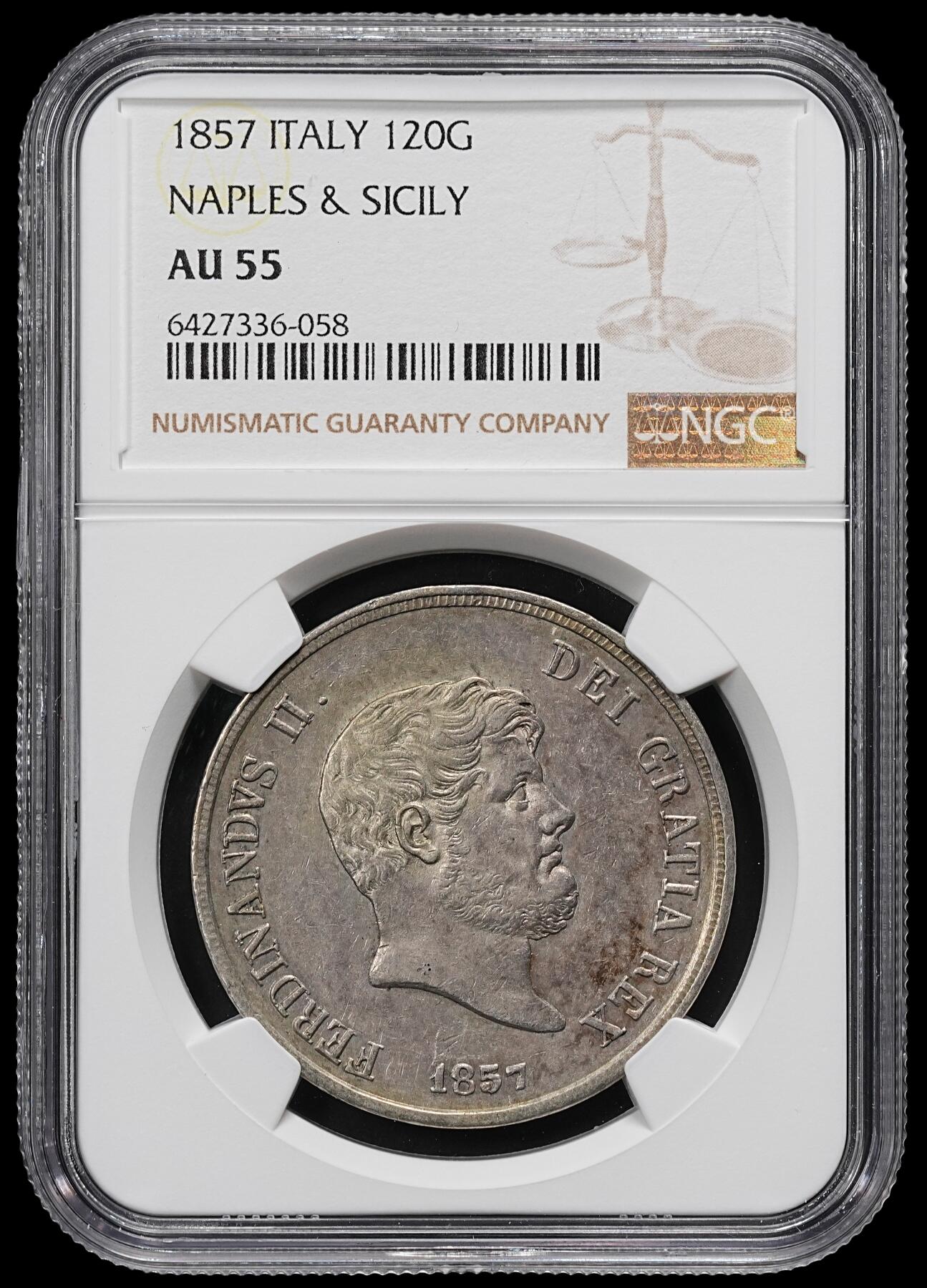 修遠堂世界钱币第九十三期 NGC AU55 1857年那不勒斯和西西里王国120G大银币