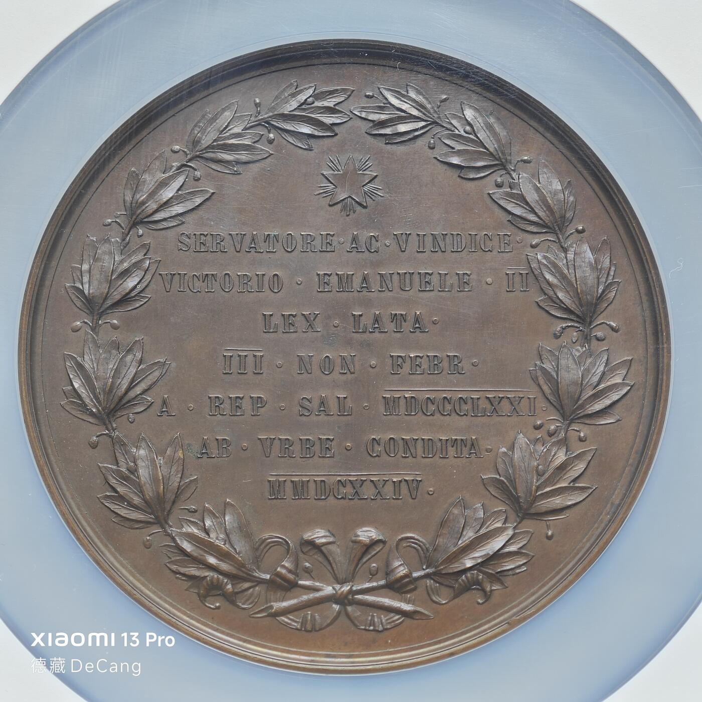 【德藏】世界币章拍卖第153期（拍品征集中~欢迎藏友联系） 1874年 意大利罗马宣言76mm纪念高浮雕大铜章 NGC MS64BN 原味老包浆 大尺寸 状态极佳 立体感十足 大盒封装