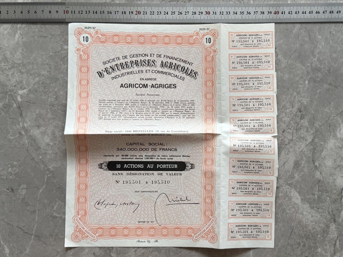 【乾奕收藏】出比利时1949年农工企业管理金融股份有限公司10股股票，国外一手回流