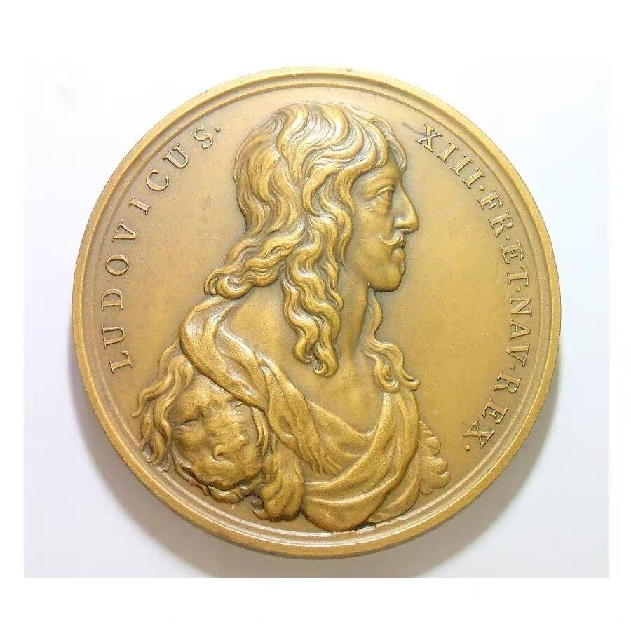 【艺术】法国艺术大章 纪念1638年路易十三儿子路易十四出生 高浮雕精制超大铜章 70MM 175克