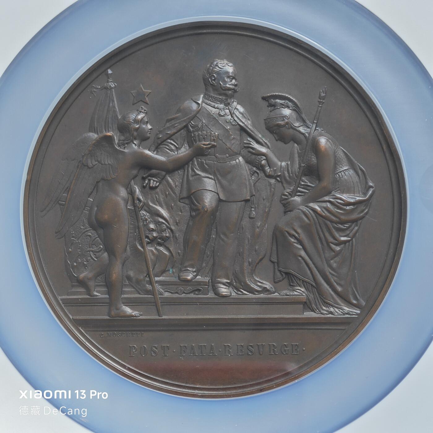 【德藏】世界币章拍卖第153期（拍品征集中~欢迎藏友联系） 1874年 意大利罗马宣言76mm纪念高浮雕大铜章 NGC MS64BN 原味老包浆 大尺寸 状态极佳 立体感十足 大盒封装