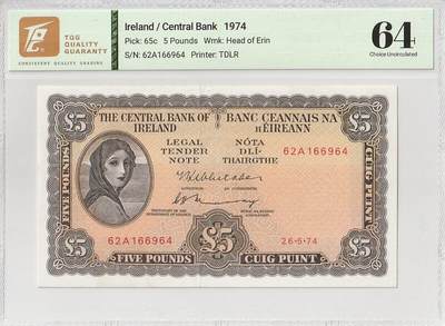 2025十一月第四期，总202期 - 爱尔兰1974年5镑TQG64分，爱尔兰人格化象征“拉维利夫人”