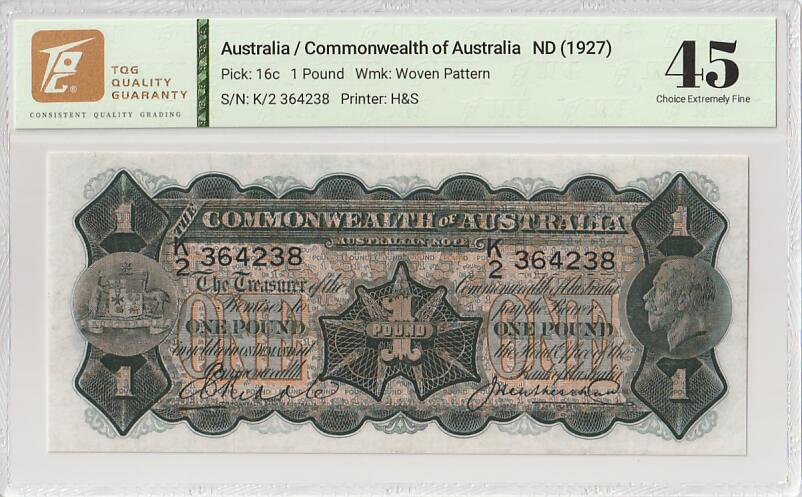 2025十一月第四期，总202期 澳大利亚1927版1镑TQG45分，稀有的战间期“澳大利亚联邦”抬头品种，乔治五世国王和库克船长的登陆