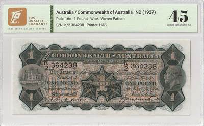 2025十一月第四期，总202期 - 澳大利亚1927版1镑TQG45分，稀有的战间期“澳大利亚联邦”抬头品种，乔治五世国王和库克船长的登陆