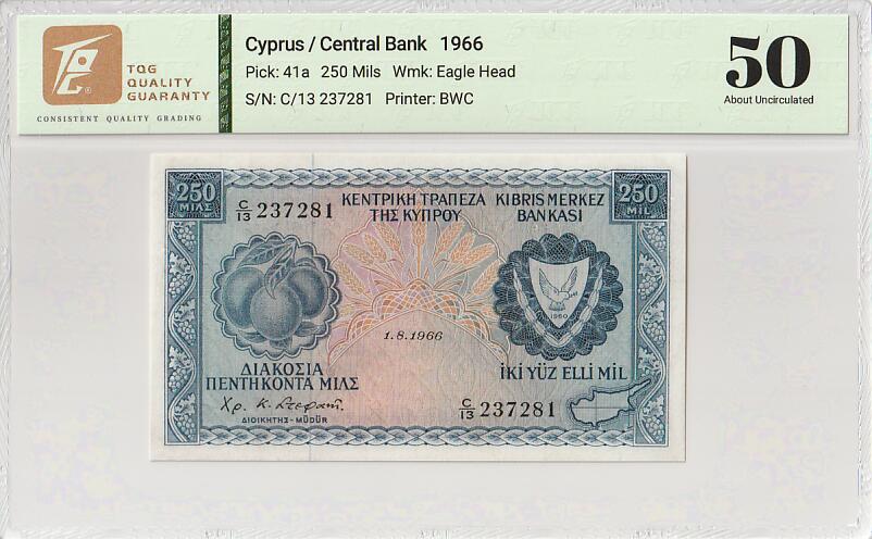 2025十一月第四期，总202期 塞浦路斯1966年250米尔TQG50分，国徽和工厂，少见早期年份