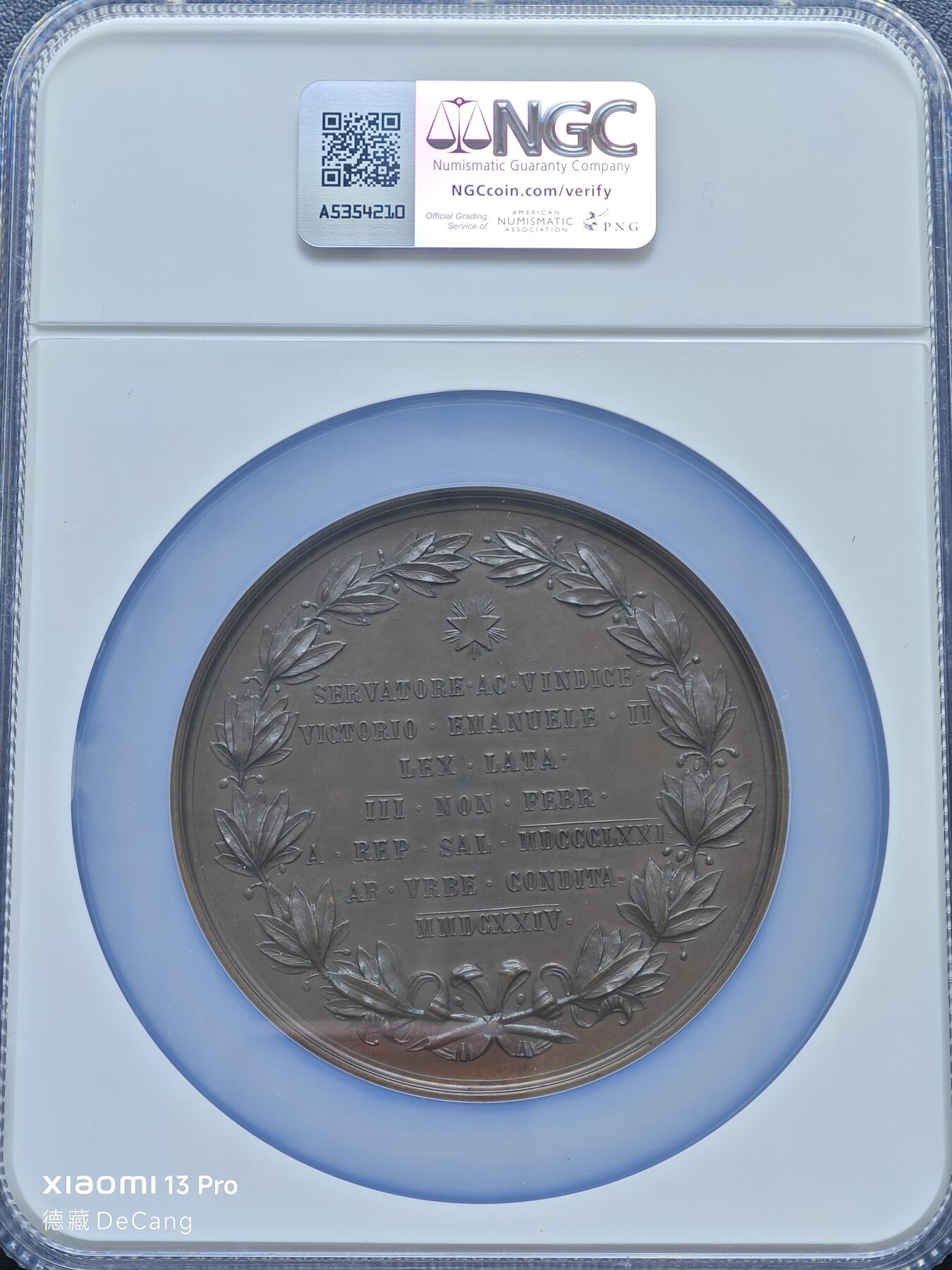 【德藏】世界币章拍卖第153期（拍品征集中~欢迎藏友联系） 1874年 意大利罗马宣言76mm纪念高浮雕大铜章 NGC MS64BN 原味老包浆 大尺寸 状态极佳 立体感十足 大盒封装