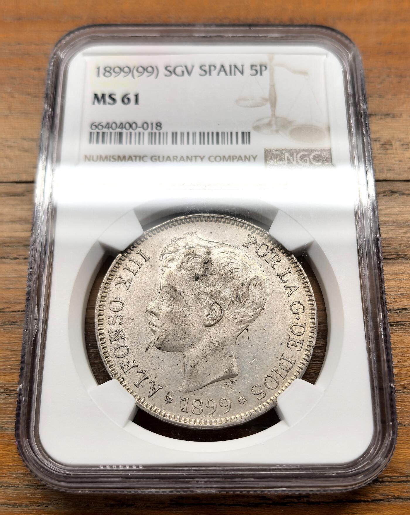 泉海漫舟·凡希社世界钱币微拍第三百十四期 1899西班牙阿丰索十三世5比塞塔大银NGC-MS61