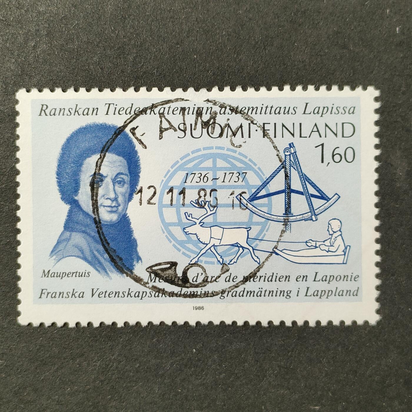 嘉禾收藏    【第378期】            无佣金、可寄存、满30元包邮 芬兰邮票，1986年莫佩尔蒂率领法国拉普兰测量考察队250周年·测量子午线弧度邮票1全