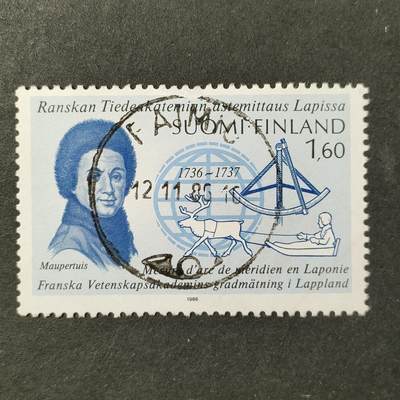 嘉禾收藏    【第378期】            无佣金、可寄存、满30元包邮 - 芬兰邮票，1986年莫佩尔蒂率领法国拉普兰测量考察队250周年·测量子午线弧度邮票1全