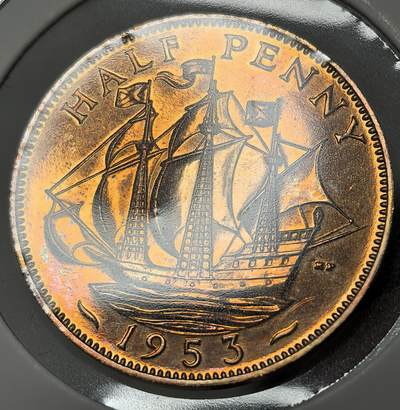 外国优质老铜币银币，周六九点倒数截拍，满百包邮，可寄存半年，喜欢朋友微信扫描二维码可直接参拍 - 少见精制英国1953年女王登基年半便士