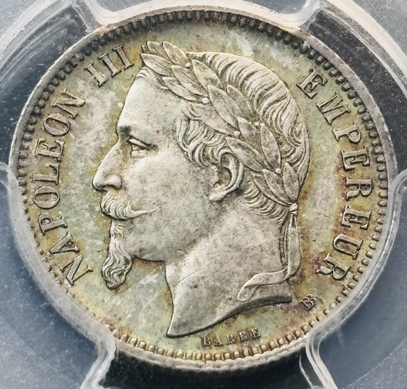 文馨钱币收藏第 281 场，【 长期接收代拍品】银元，银币，套币，纸币专场（本场截拍后休息三天，19 号发货） 稀少 1870 年法国拿破仑三世 1 法郎银币 BB 厂只在第三版所见，关门版，PCGS 评级 MS63 分