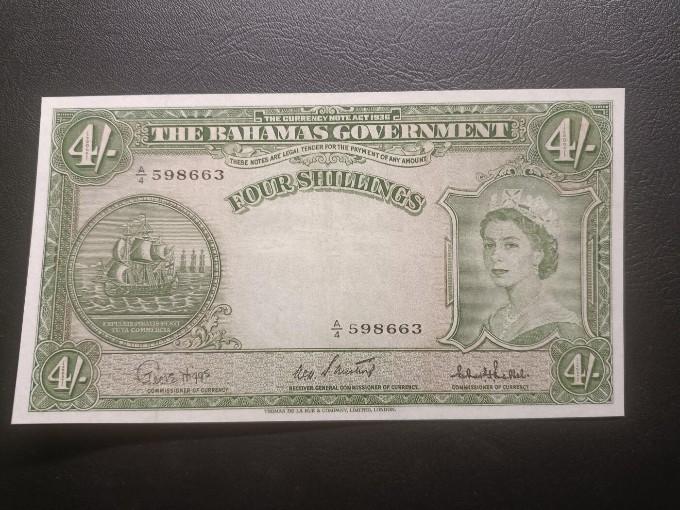 2025十一月第四期，总202期 英属巴哈马1953版4先令流通好品XF，大皇冠女王和总督府徽章