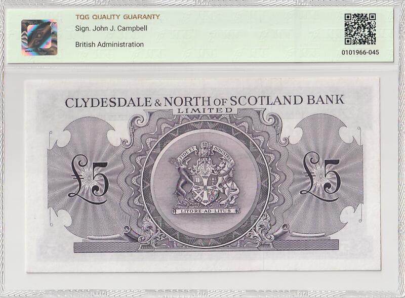 2025十一月第四期，总202期 苏格兰克莱斯戴勒和北部银行1955年5镑TQG53分，象征两银行联合的两地地标性建筑阿伯丁大教堂和格拉斯哥大学，早期两家银行联合时期发行，极稀有中高面值