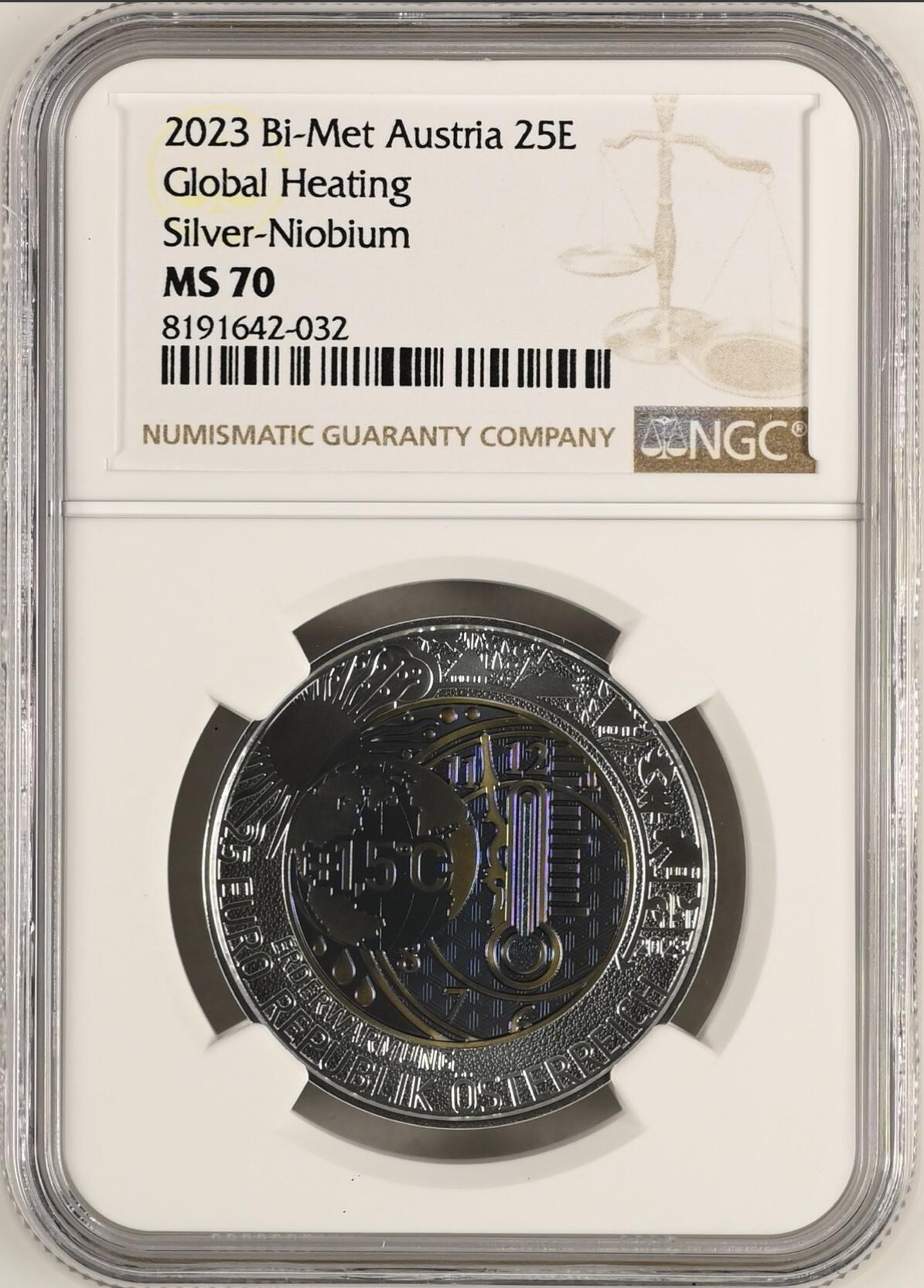 S&S Numismatic世界钱币-拍卖 第115期  奥地利2023年 全球气候变暖 25欧元银+铌双色纪念币 NGC MS70冠军分，盒证齐全