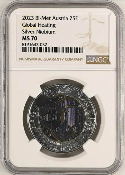 S&S Numismatic世界钱币-拍卖 第115期  - 奥地利2023年 全球气候变暖 25欧元银+铌双色纪念币 NGC MS70冠军分，盒证齐全