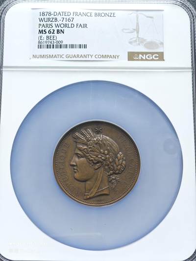 【德藏】世界币章拍卖第153期（拍品征集中~欢迎藏友联系） - 1878年 法国巴黎世界博览会纪念女神大铜章 NGC MS62BN 包浆温润 细节刻画细致 大盒封装