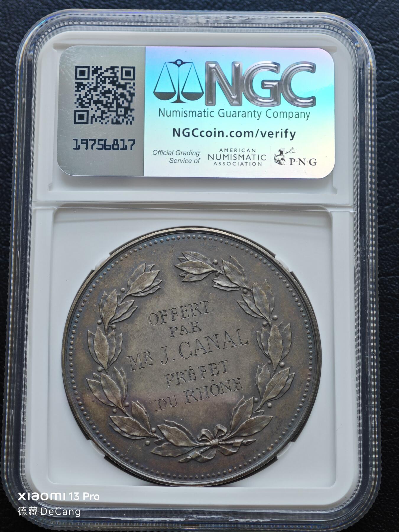 【德藏】世界币章拍卖第153期（拍品征集中~欢迎藏友联系） 19世纪 法国罗纳省长官奖章女神雄鸡镀银纪念铜章 NGC MS64 原味老包浆 图案层次立体 浮雕感极强