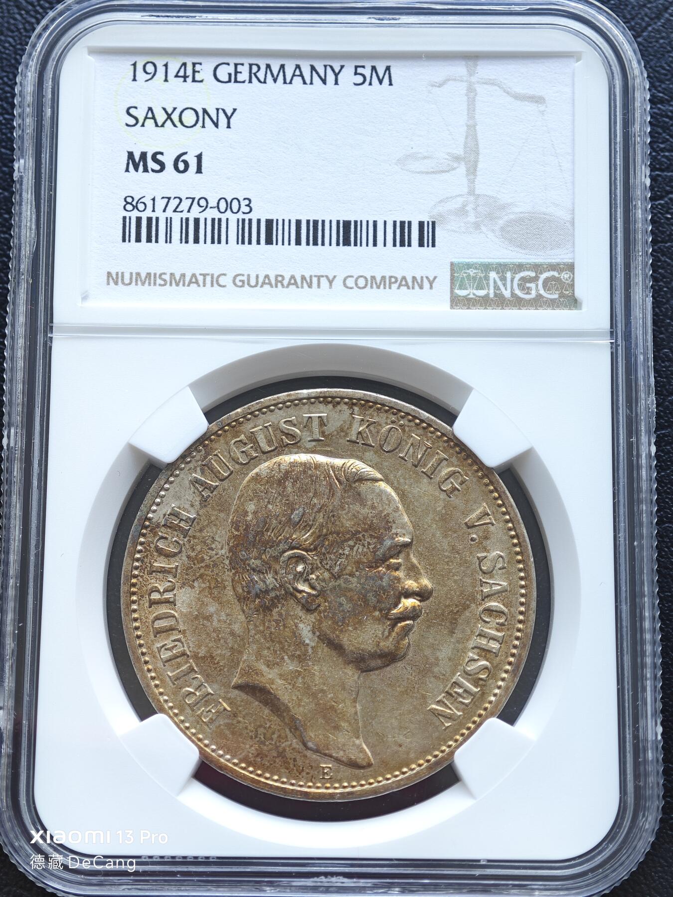 【德藏】世界币章拍卖第153期（拍品征集中~欢迎藏友联系） 1914年 德国萨克森弗里德里希5马克大银币 NGC MS61 状态极佳 金属包浆 极具吸引力