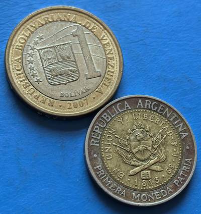 外国优质老铜币银币，周六九点倒数截拍，满百包邮，可寄存半年，喜欢朋友微信扫描二维码可直接参拍 - 阿根廷委瑞内拉双色币2枚