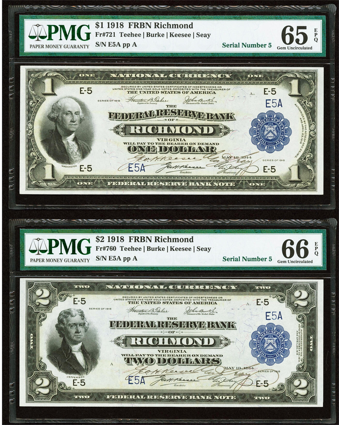 【Blue Auction】世界纸币精拍第750期——18级TOP拍卖/信誉/品质/专业/高效💫      【一组2张 均5号极小号 当时行长和出纳员亲笔签名】美国 1918年1-2美金 少见里士满版 PMG66EPQ-65EPQ 老壳 大飞鹰&军舰 华盛顿&杰斐逊 雕刻精美 大票幅 （这是一件关于美联储银行历史的伟大藏品 类似的2张7号的2017年曾拍了18000美金 这套数更小）