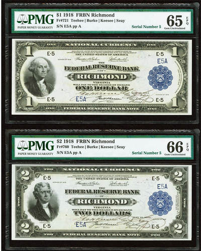 【Blue Auction】世界纸币精拍第750期——18级TOP拍卖/信誉/品质/专业/高效💫 -      【一组2张 均5号极小号 当时行长和出纳员亲笔签名】美国 1918年1-2美金 少见里士满版 PMG66EPQ-65EPQ 老壳 大飞鹰&军舰 华盛顿&杰斐逊 雕刻精美 大票幅 （这是一件关于美联储银行历史的伟大藏品 类似的2张7号的2017年曾拍了18000美金 这套数更小）