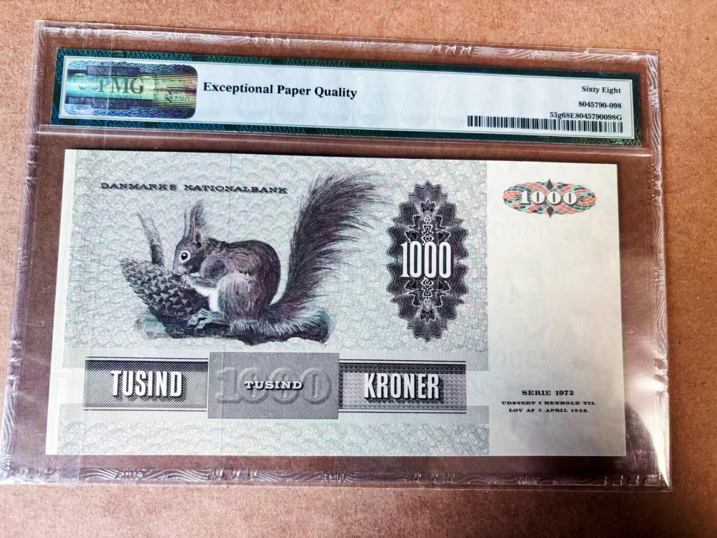 【Blue Auction】世界纸币精拍第750期——18级TOP拍卖/信誉/品质/专业/高效💫 丹麦 1992年1000克朗 大松鼠 PMG68EPQ 高分 老壳