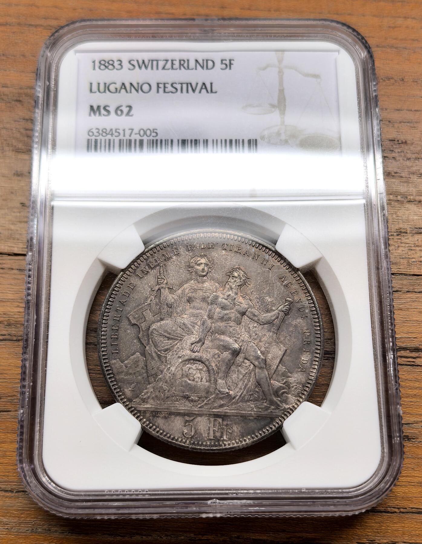 泉海漫舟·凡希社世界钱币微拍第三百十四期 1883瑞士卢加诺射击节纪念5Fr大银NGC-MS62，欧陆包浆标准器，传世灰彩，实物上手更赞！