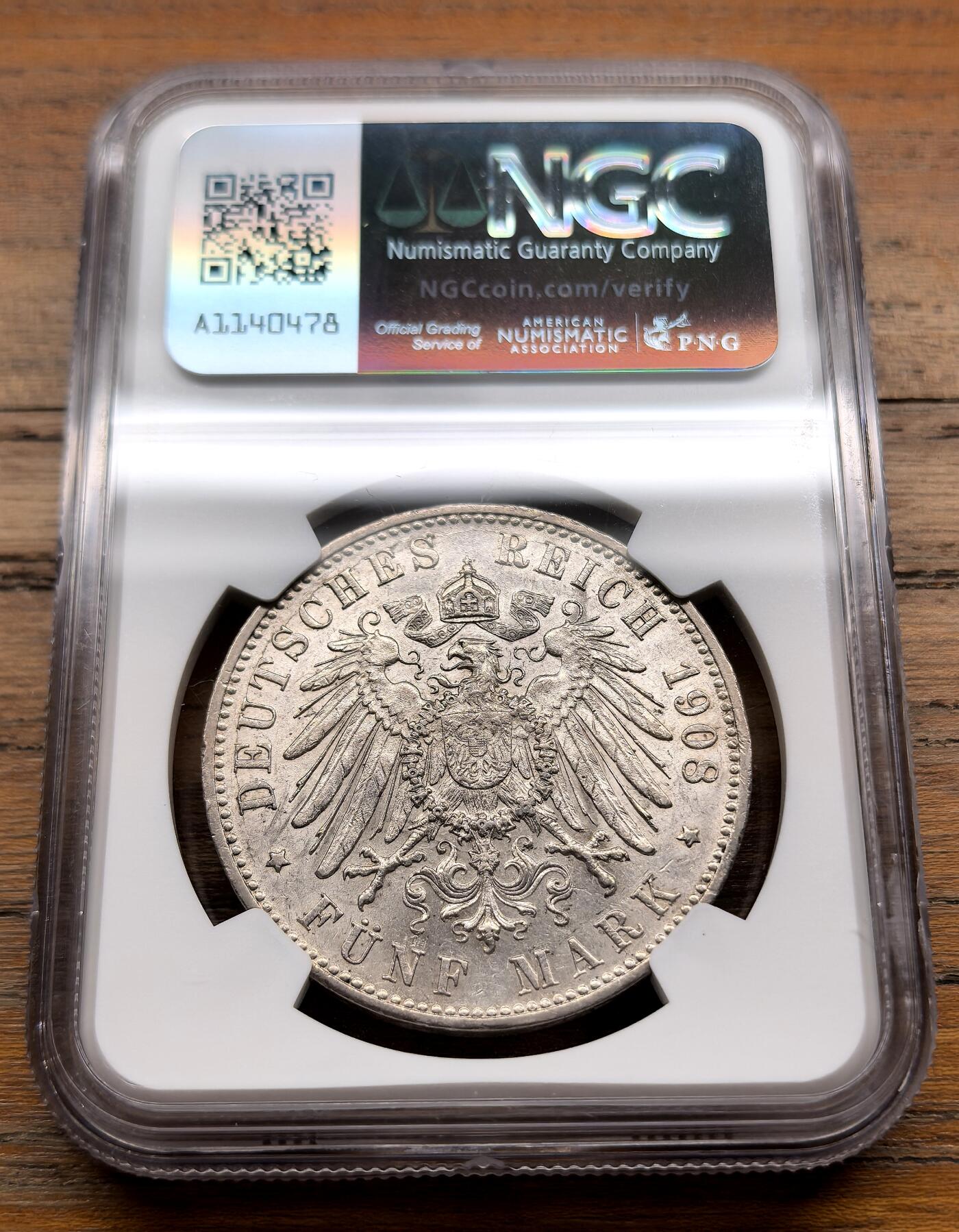 泉海漫舟·凡希社世界钱币微拍第三百十四期 1908F德国符腾堡5马克大银NGC-MS61
