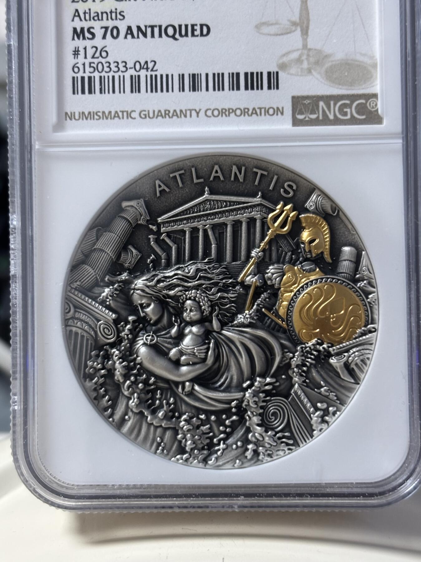 第181期拍卖 纽埃2020年传说之地亚特兰蒂斯2盎司高浮雕银币NGC-MS70原盒证书，999银，发行500枚