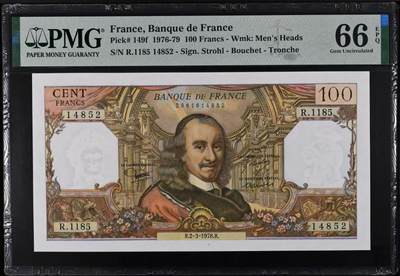 【Blue Auction】世界纸币精拍第750期——18级TOP拍卖/信誉/品质/专业/高效💫 - 法国 1978年100法郎 高乃伊 PMG66EPQ 