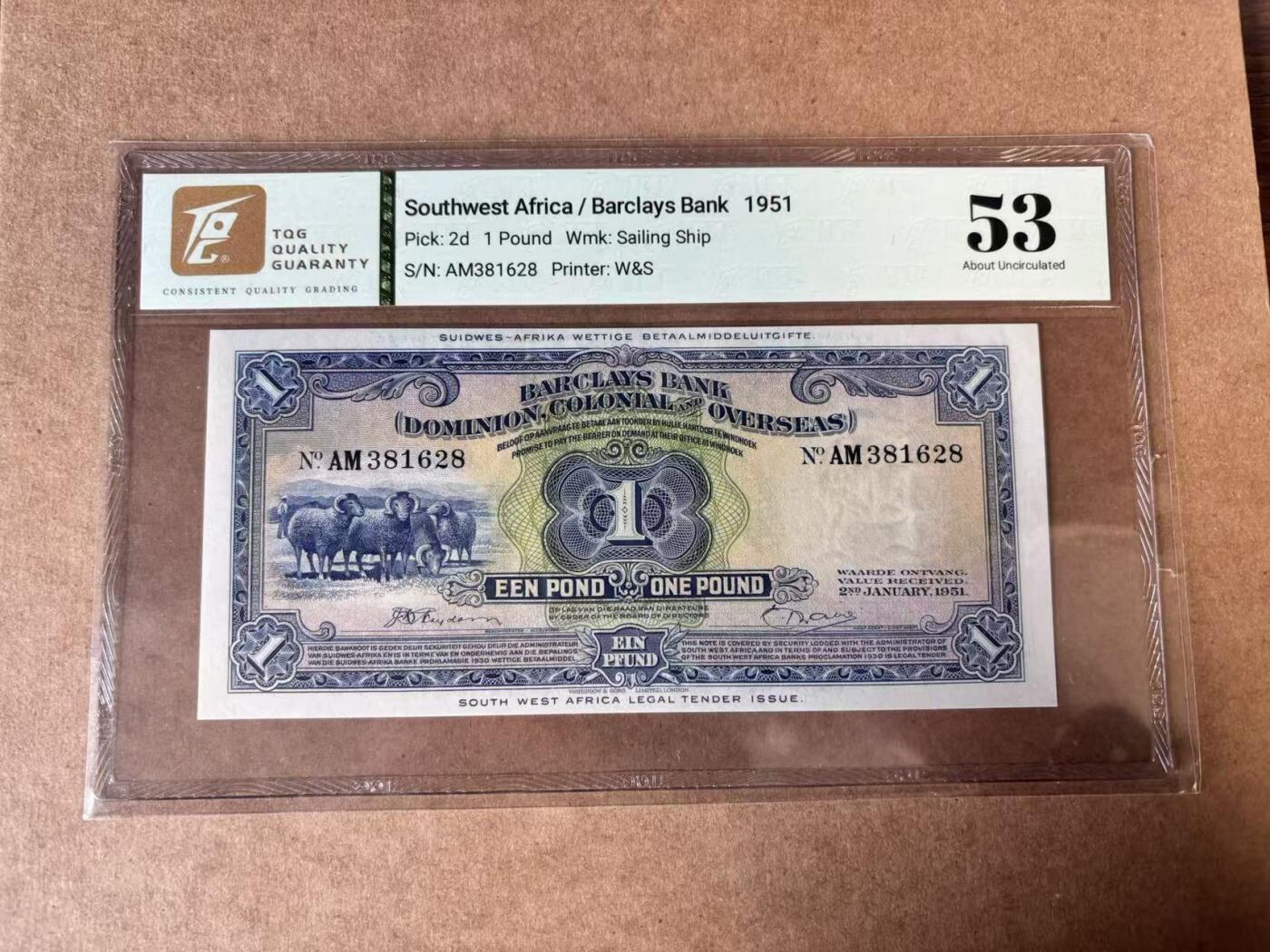 【Blue Auction】世界纸币精拍第750期——18级TOP拍卖/信誉/品质/专业/高效💫 【无47 p-2d】西南非洲1951年1镑 经济支柱产业绵羊 W＆S早期精品 TQG53 评级无全新记录