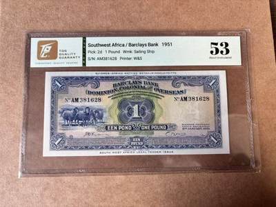 【Blue Auction】世界纸币精拍第750期——18级TOP拍卖/信誉/品质/专业/高效💫 - 【无47 p-2d】西南非洲1951年1镑 经济支柱产业绵羊 W＆S早期精品 TQG53 评级无全新记录