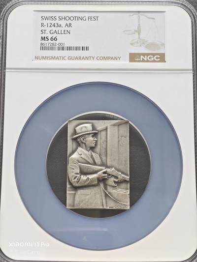 【德藏】世界币章拍卖第153期（拍品征集中~欢迎藏友联系） - 19世纪 瑞士圣加仑射击节矩形纪念大银章 NGC MS66 磨砂质感 立体感十足 大盒封装