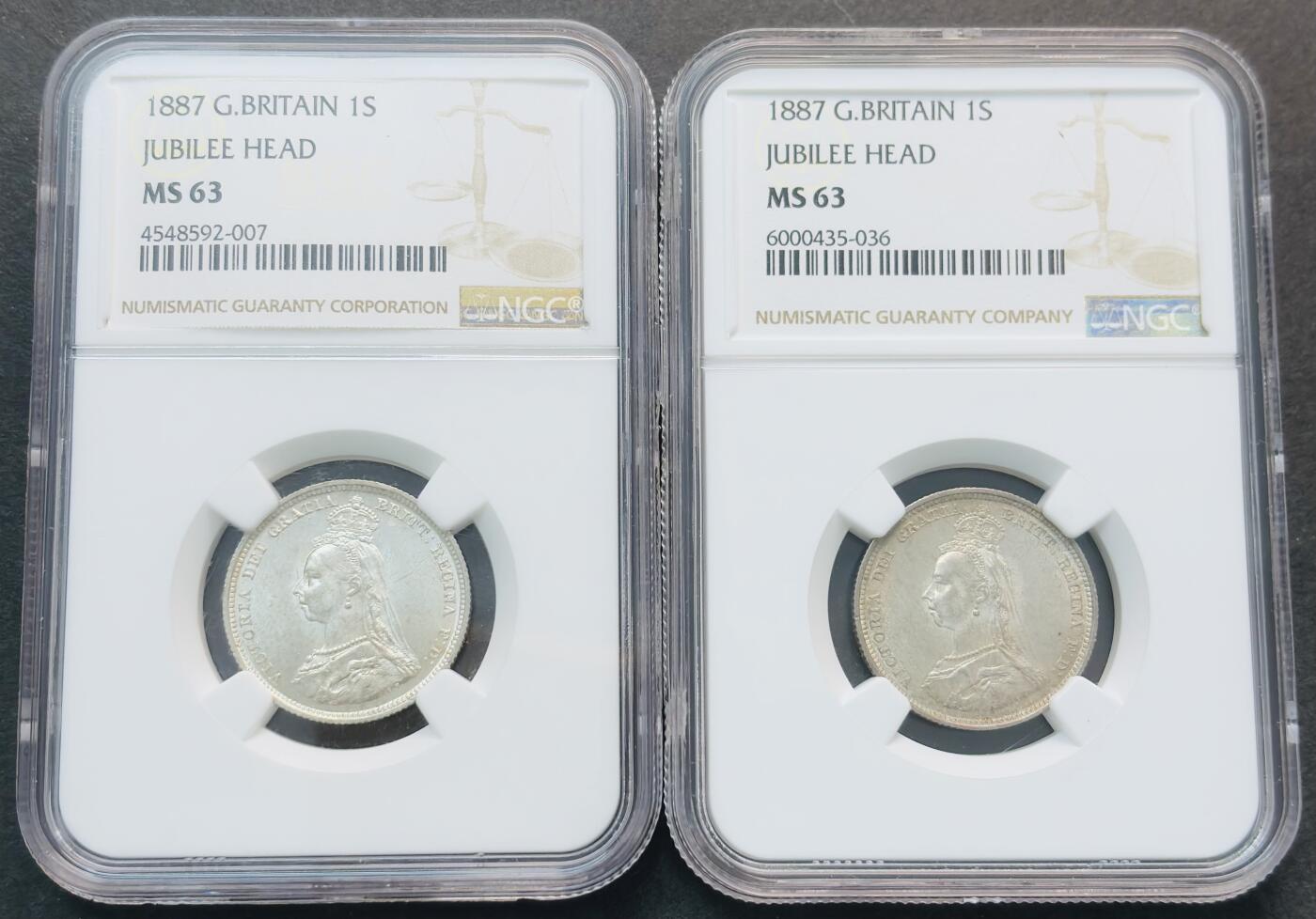 文馨钱币收藏第 281 场，【 长期接收代拍品】银元，银币，套币，纸币专场（本场截拍后休息三天，19 号发货） 稀少 1887 年英国维多利亚 1 先令银币，NGC 评级 MS63 分，此拍为一对 2 枚，喜欢的老板大胆出价，这品相不多见了