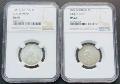 文馨钱币收藏第 281 场，【 长期接收代拍品】银元，银币，套币，纸币专场（本场截拍后休息三天，19 号发货） - 稀少 1887 年英国维多利亚 1 先令银币，NGC 评级 MS63 分，此拍为一对 2 枚，喜欢的老板大胆出价，这品相不多见了