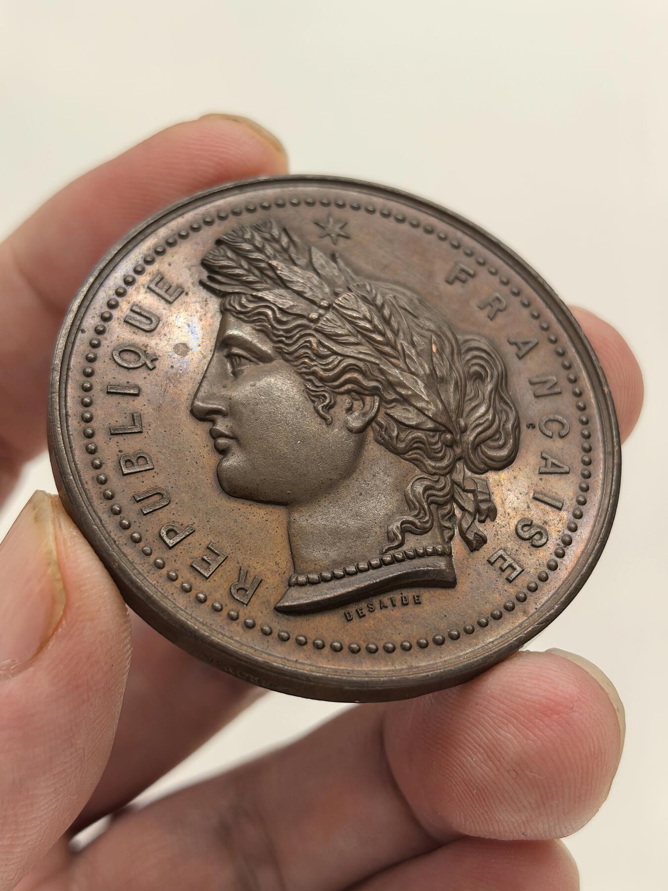 博洋堂世界钱币拍卖第146期（全场包邮） 法国1885年世博会女神头像，50mm高浮雕早期原铸款。UNC状态！送评最低63分！