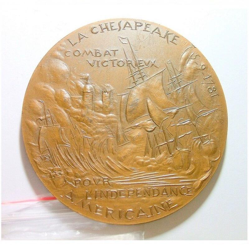 【艺术】法国艺术大章 格拉斯将军帮美国切萨皮克海战 高浮雕精制超大铜章 72MM 162克