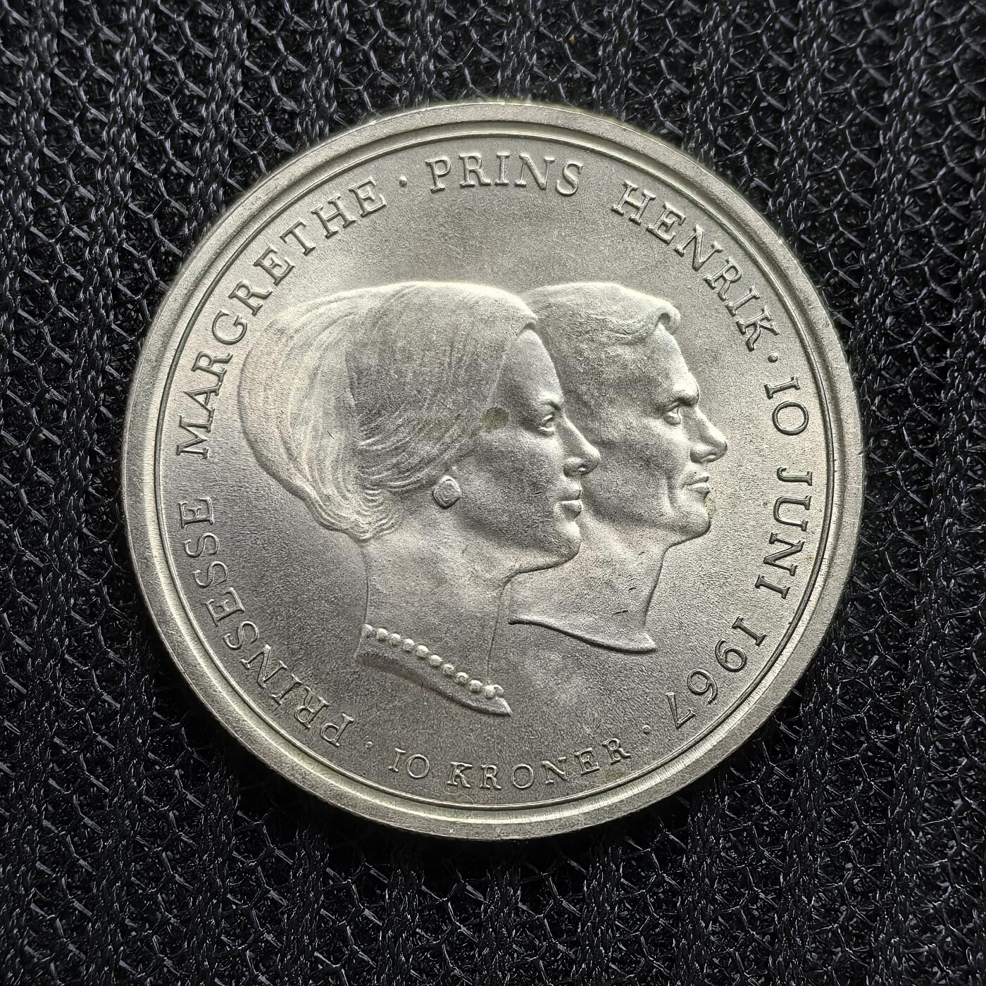 道一币馆币章第一百五十四场 丹麦1967年玛格丽特公主的婚礼10克朗纪念银币  20.4g 800s