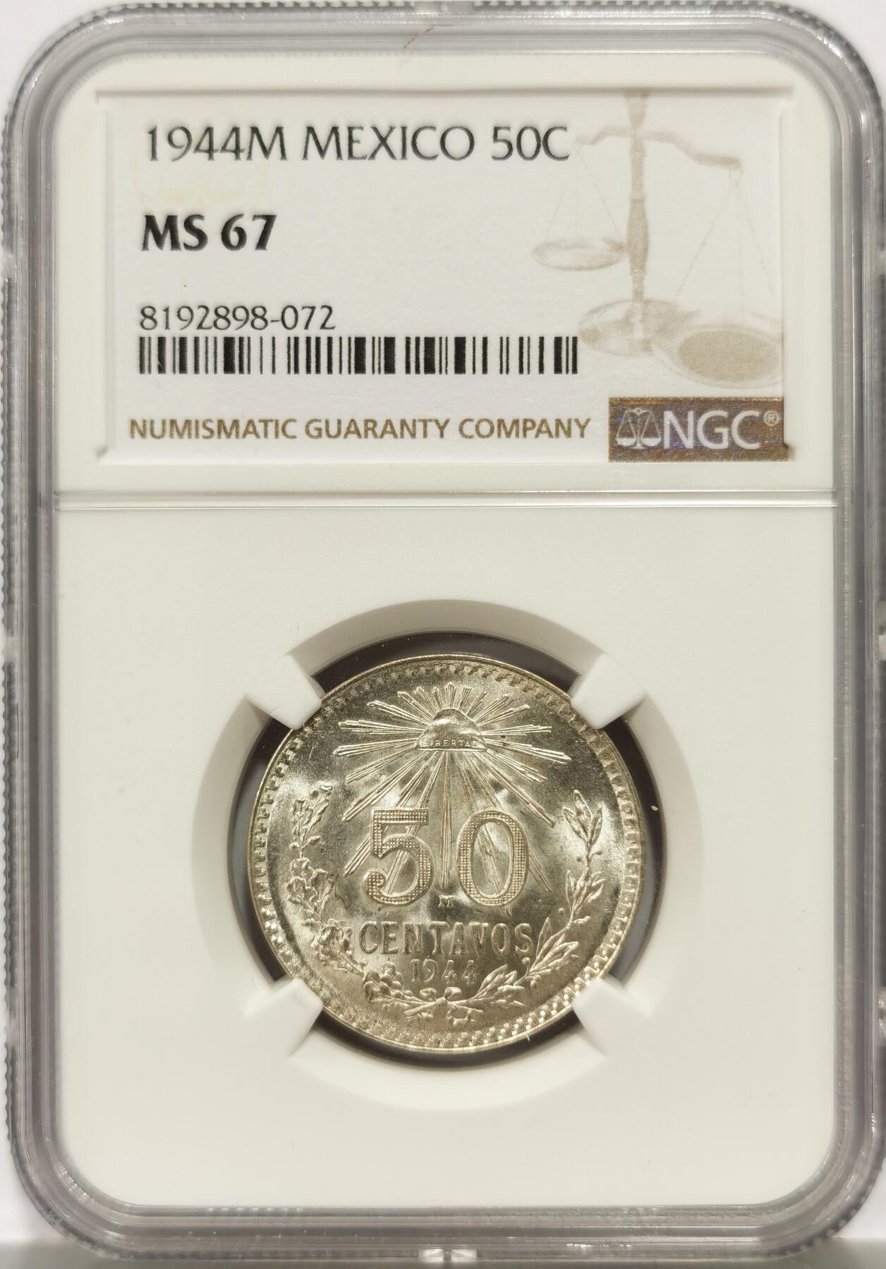 博洋堂世界钱币拍卖第146期（全场包邮） NGC MS67 墨西哥1944年50分鹰洋银币，巅峰级分数