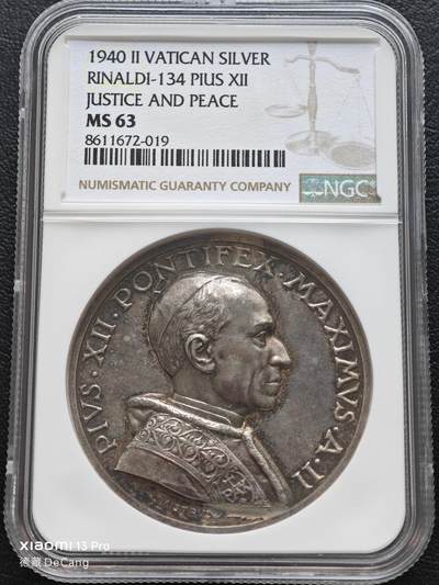 【德藏】世界币章拍卖第153期（拍品征集中~欢迎藏友联系） - 1940年 梵蒂冈庇护十二世教皇正义与和平高浮雕纪念银章 NGC MS63 人物环彩包浆 细节刻画立体感十足 层次极其感丰富