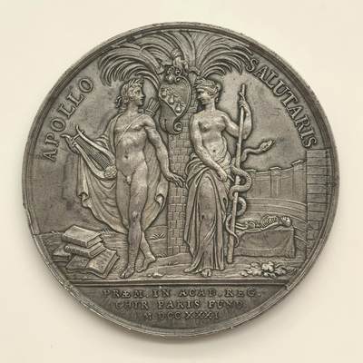 博洋堂世界钱币拍卖第146期（全场包邮） - 法国皇家外科学院银质奖章，丰饶角2Argent银标，正面为阿波罗与萨卢斯，品相好，内容丰富工艺精美，57g左右，50mm