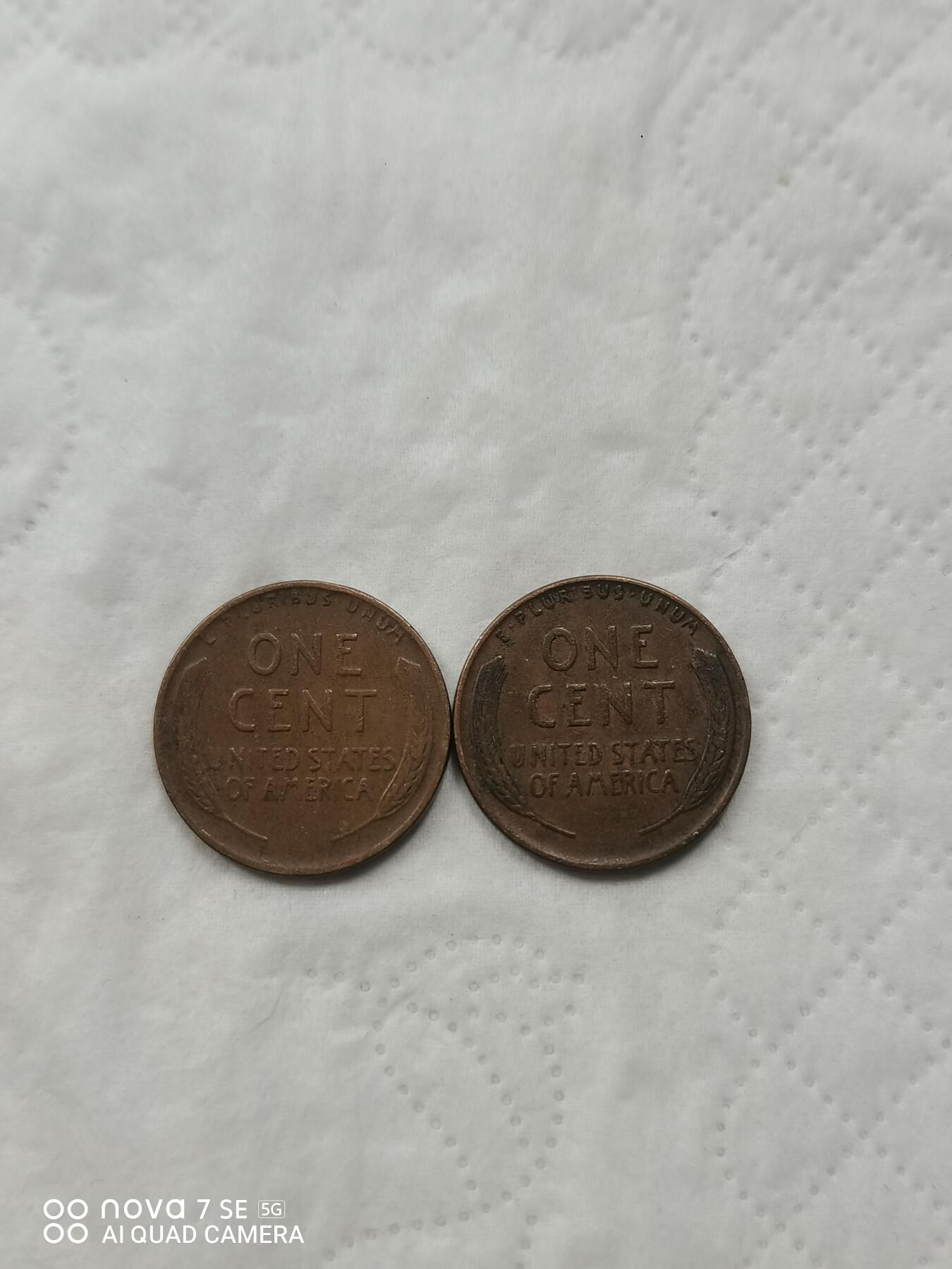 美国钱币 一美分铜币两枚